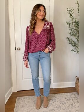 Billabong Maroon and White Geometric V-Neck Long Sleeve Top